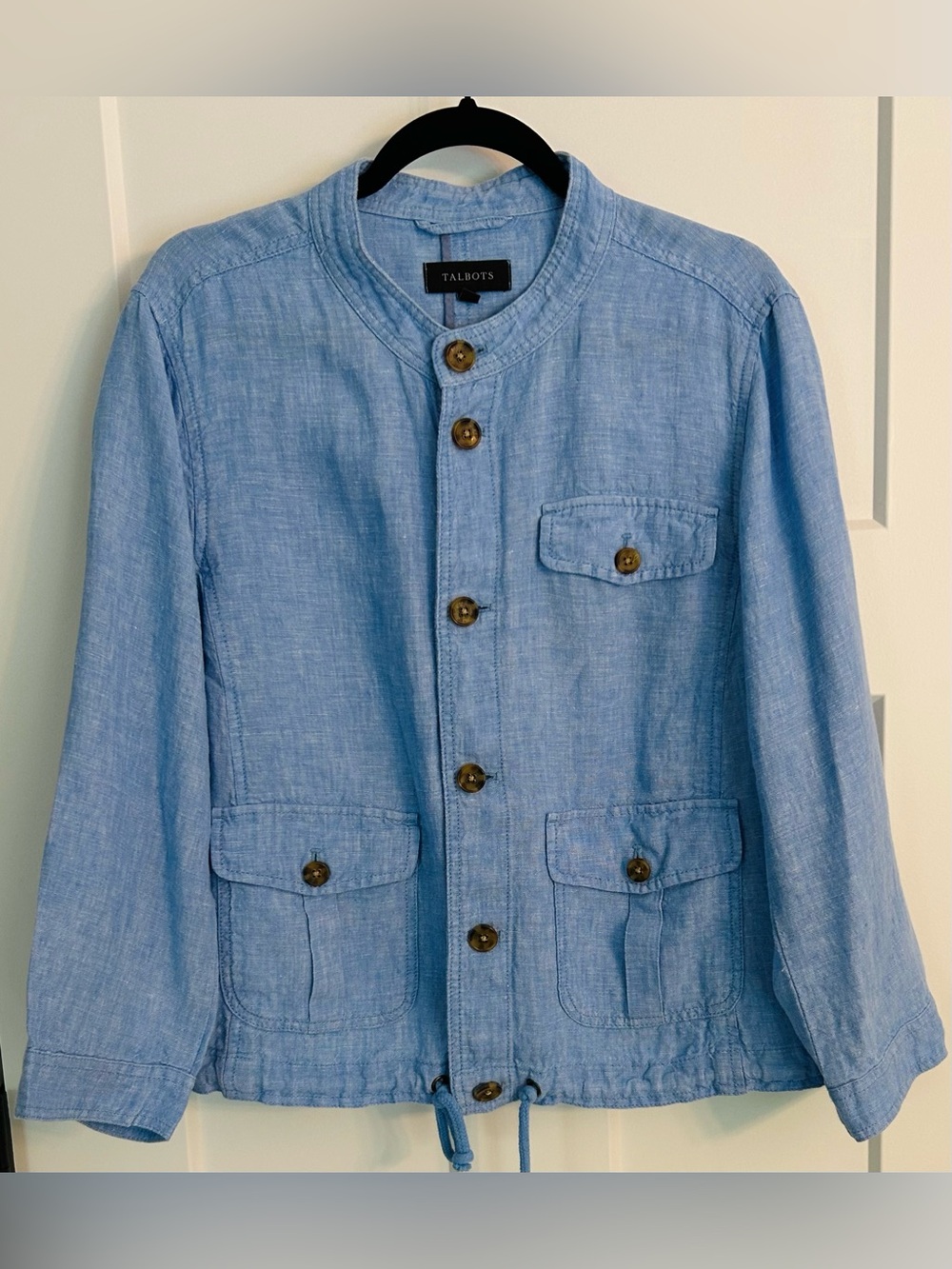 Talbots Washed Linen Jacket Size XL Blue 100% Linen Pockets Lightweight